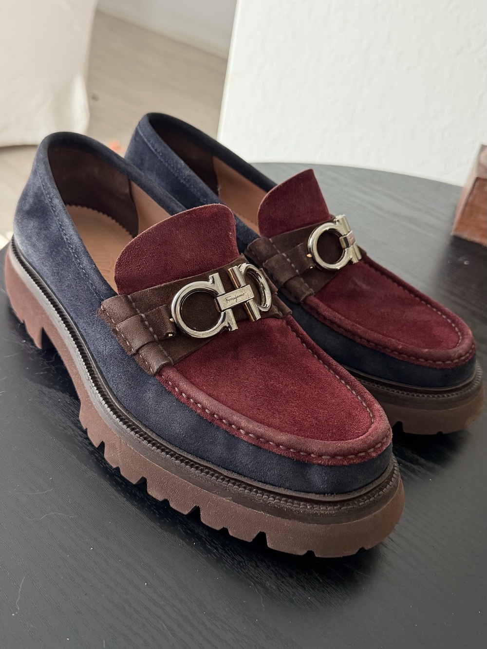 Salvatore Ferragamo Men’s Burgundy & Navy Suede Loafers with Gancini Hardware